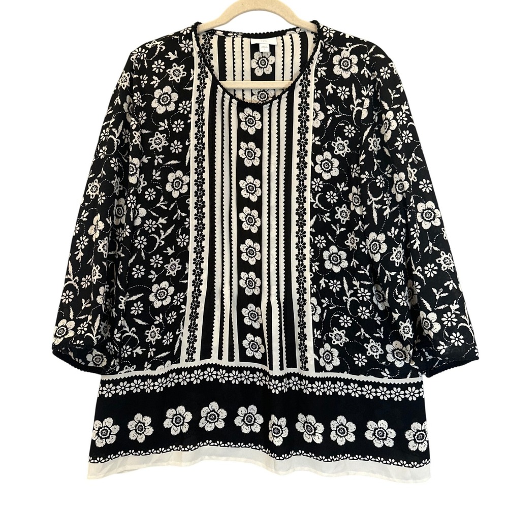J. Jill Black & White Floral Blouse Sz L Pleated Trim Mix Media 3/4 Sleeve Boho